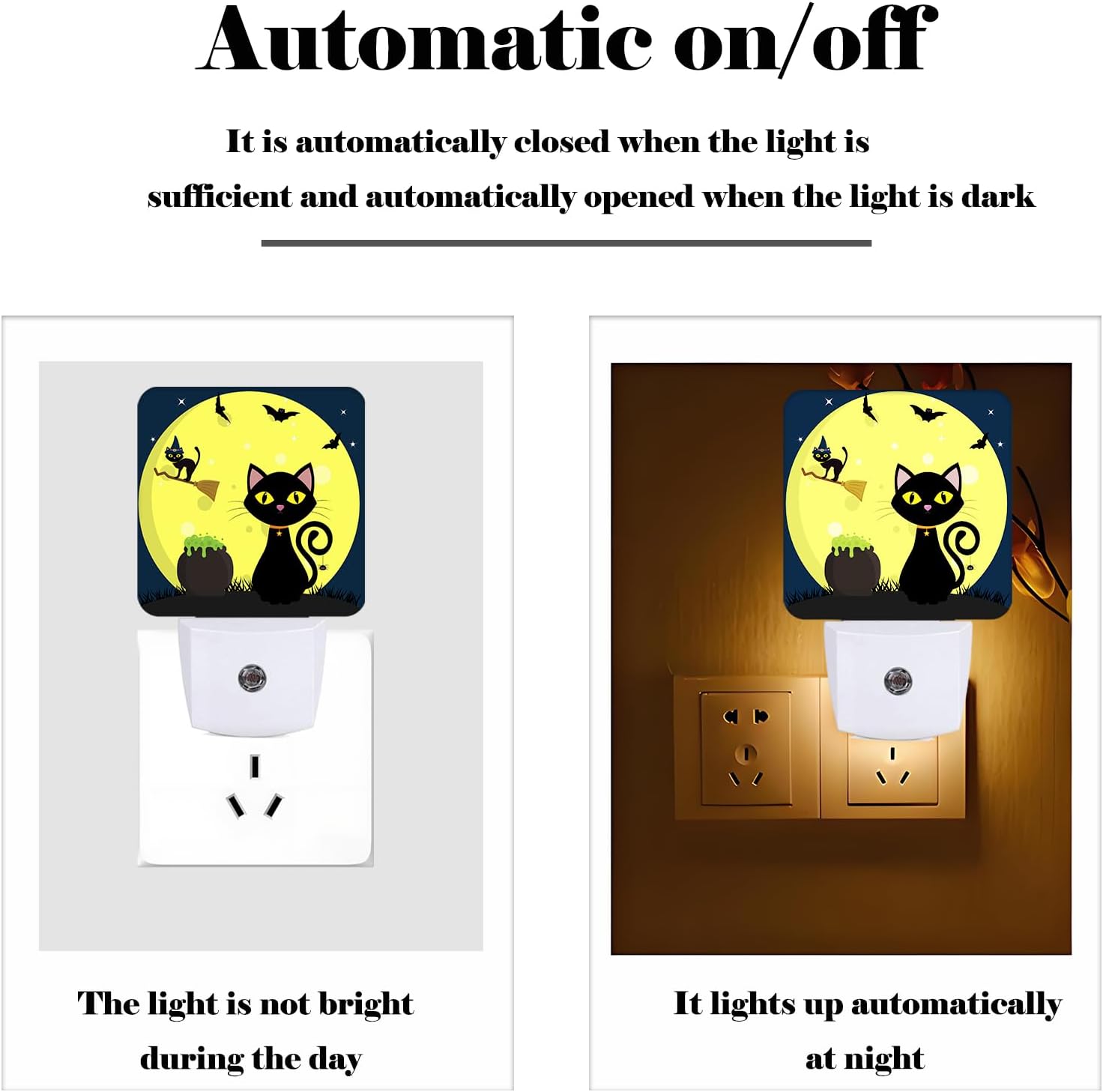 Happy Halloween Cat Night Light, Plug Into Wall with Dusk to Dawn Light Sensors, Warm Nightlights for Bedroom, Bathroom, Hallway, Kitchen…