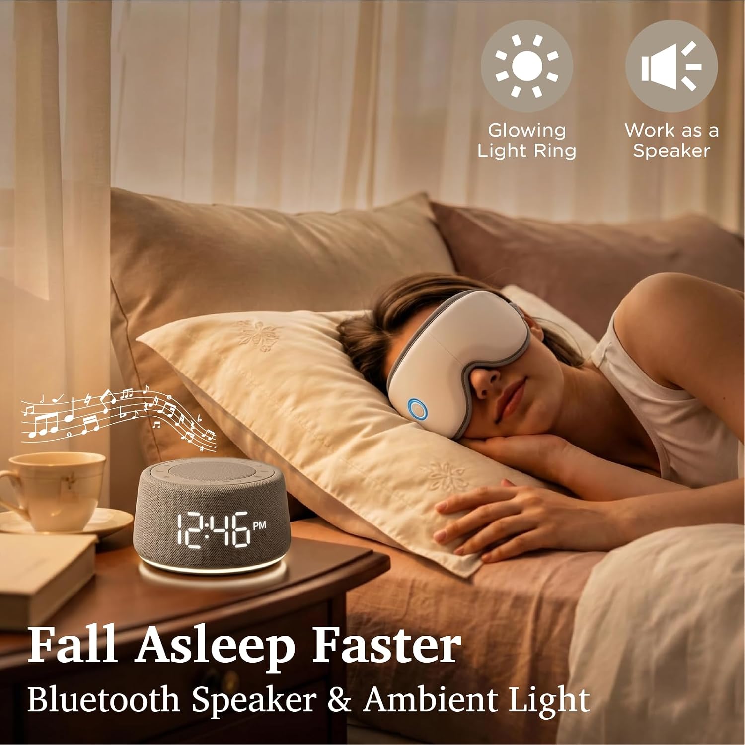 White Noise Alarm Clock for Bedroom, Bluetooth Speaker with Sleep Sounds & Ambient Night Light, Digital Bedside Clock for Adults & Heavy…