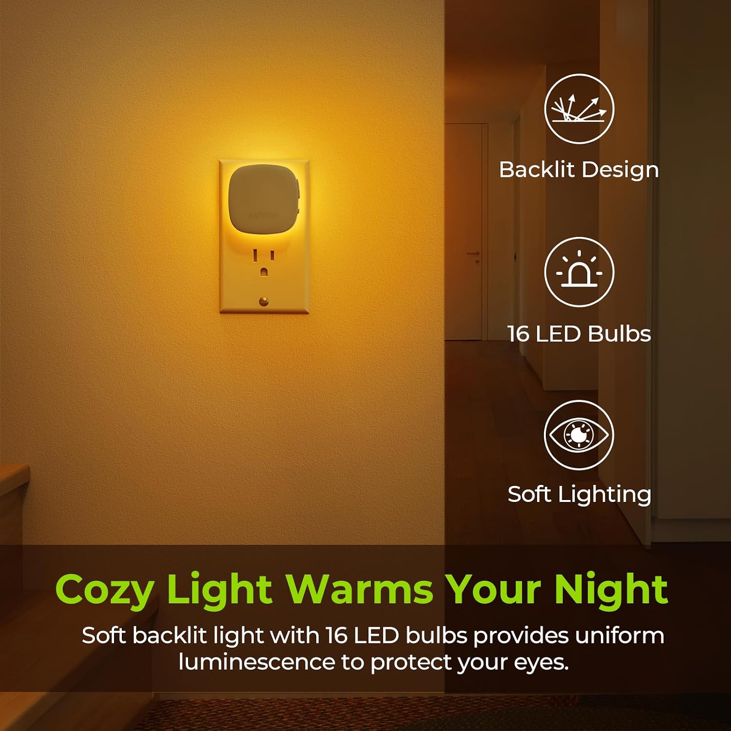 AUVON Plug-in LED Backlit Night Light with Motion Sensor & Dusk to Dawn Sensor, Dimmable Amber Nightlight with 1-50 lm Adjustable…