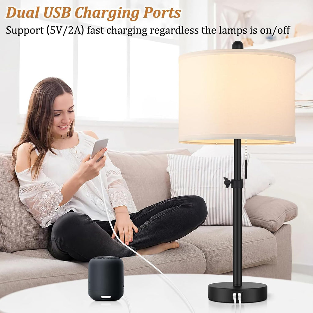 Kondras Table Lamp for Bedroom Set of 2, 23" to 30" Height Adjustable Bedside Lamp with 2 USB Ports, Black Nightstand Lamp with White…