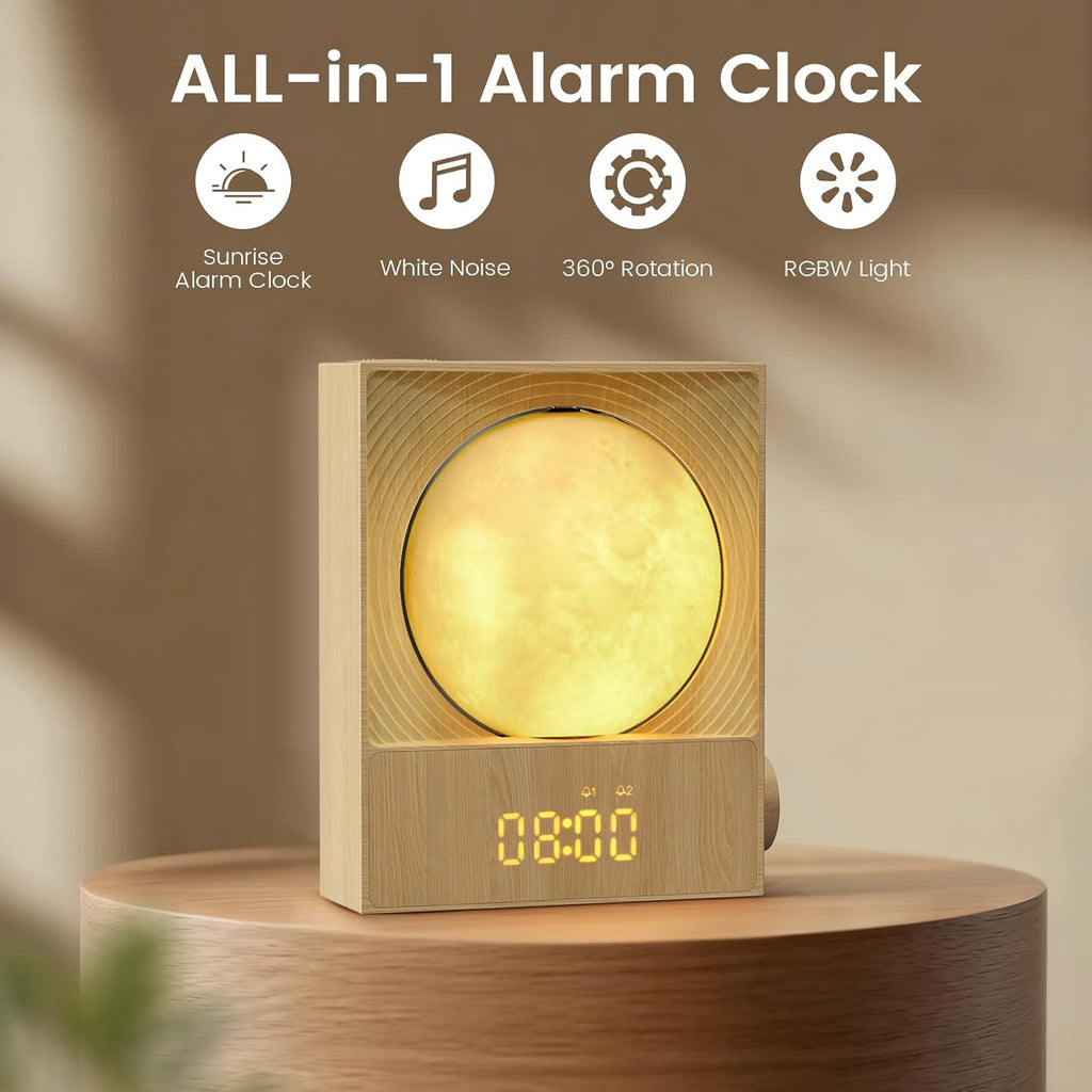 Epochleno Sunrise Alarm Clock, 360-Degree Rotating Moonlight & 10 White Noise Sounds, Dual Alarm & Snooze for Heavy Sleeper, Timer, Wooden…