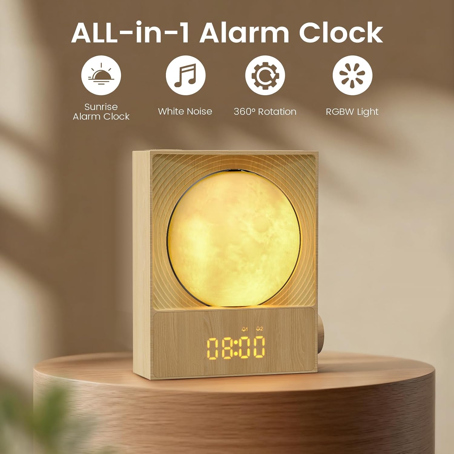 Epochleno Sunrise Alarm Clock, 360-Degree Rotating Moonlight & 10 White Noise Sounds, Dual Alarm & Snooze for Heavy Sleeper, Timer, Wooden…
