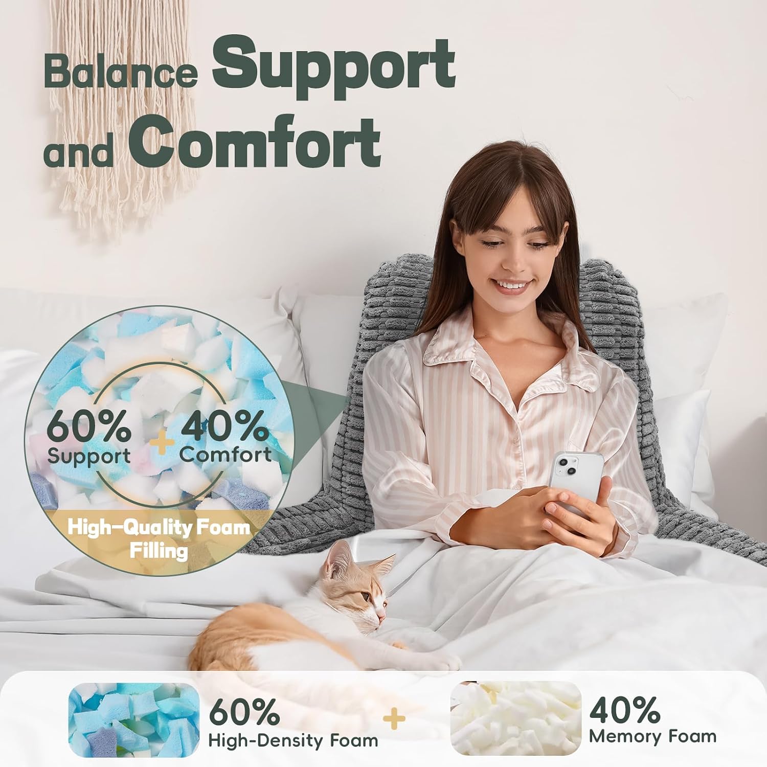 Luisof 21" Higher Large Reading Pillow for Bed Adult, Back Pillow for Bed Sitting Up with Memory Foam Back Support with Arms Rest for Couch…