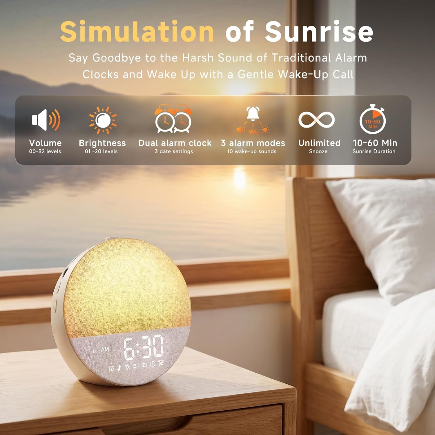 Geuuap Sunrise Alarm Clock White Noise Machine | Natural Wake-Up Light for Bedroom with 30 Soothing Sleep Aids, Bluetooth Speaker…
