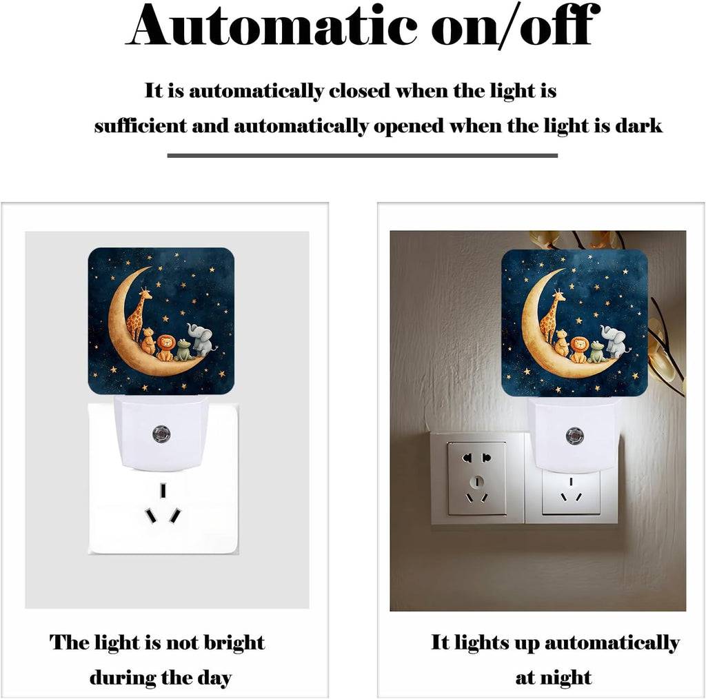 Moon and Starry Sky Night Light, Cartoon Animals Plug Into Wall with Dusk to Dawn Light Sensors, Warm Nightlights for…