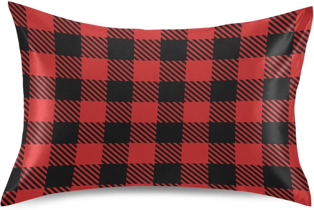 Plaid Red Print Pillow Covers Silk Pillowcase for Hair and Skin Soft Smooth Cooling Satin Pillowcase King Size Pillow Case for Bedroom…