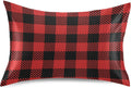 Plaid Red Print Pillow Covers Silk Pillowcase for Hair and Skin Soft Smooth Cooling Satin Pillowcase King Size Pillow Case for Bedroom…