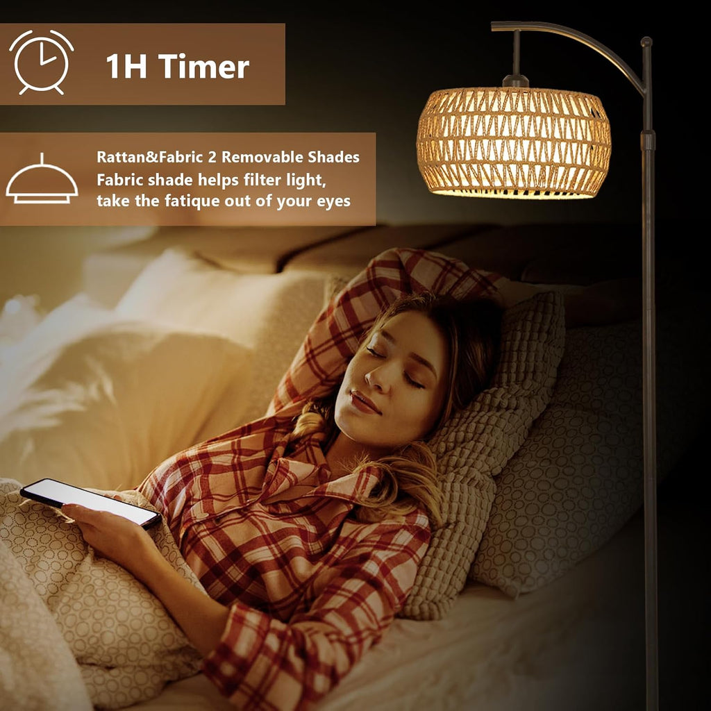 Arc Floor Lamp with Remote Control, Dimmable LED Floor Lamp with 3 Color Temperature, Black Standing Lamp with Rattan & Fabric Double…