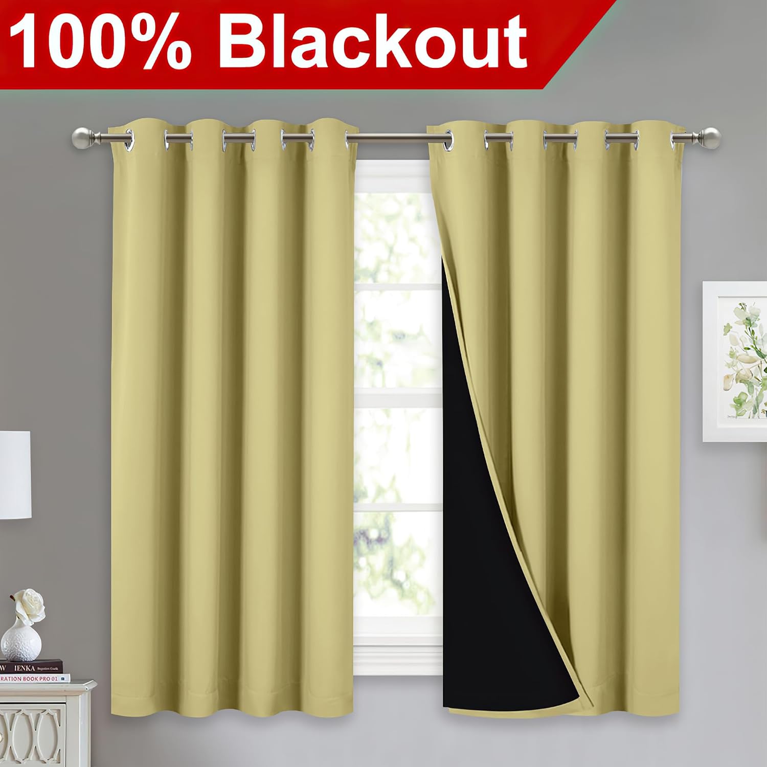 Nicetown 100% Blackout Curtains with Black Liners, Thermal Insulated Full Blackout 2-Layer Lined Drapes, Noise Cancellation Window Drapes f…