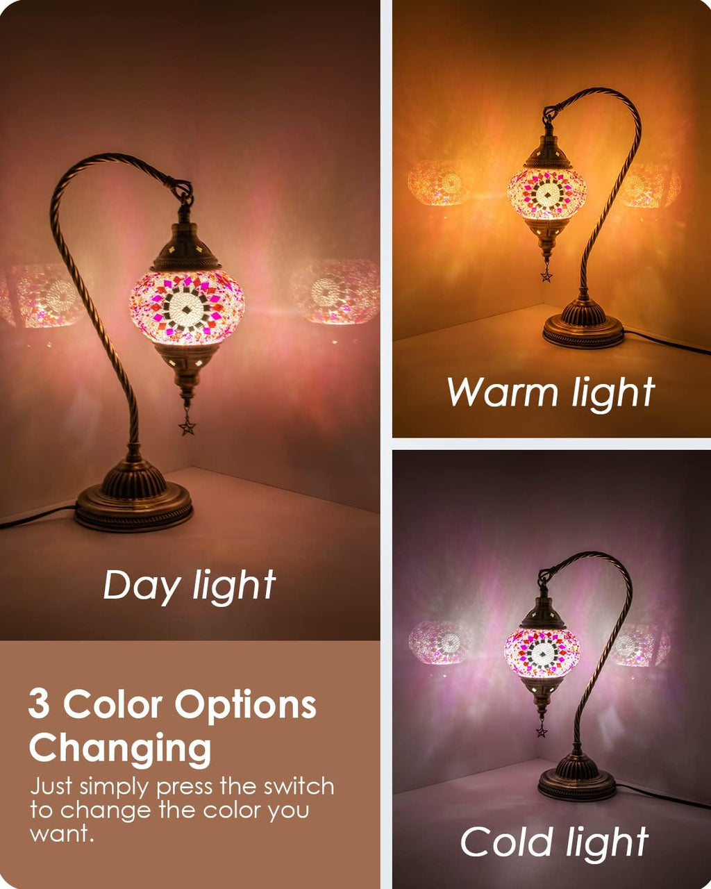 Yarra-Decor Turkish Moroccan Lamp with Bronze Base 3 Color Options Handmade Swan Neck Tiffany Mosaic Glass Bedside Lamps for Bedroom (LED…