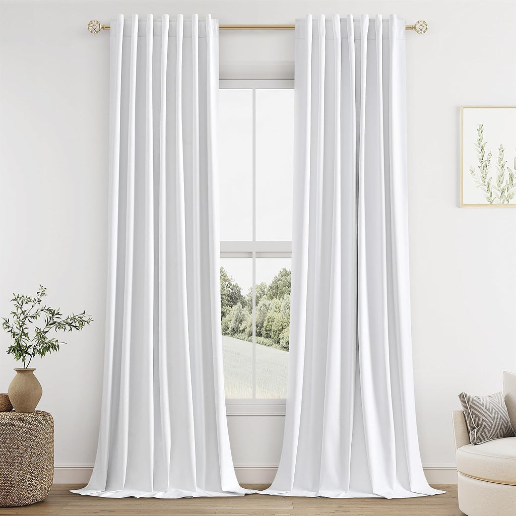 Guken White 100% Blackout Linen Curtains 144 Inch Length 2 Panels Set for Living Room Bedroom Back Tab Thermal Insulated Black Out Drapes R…