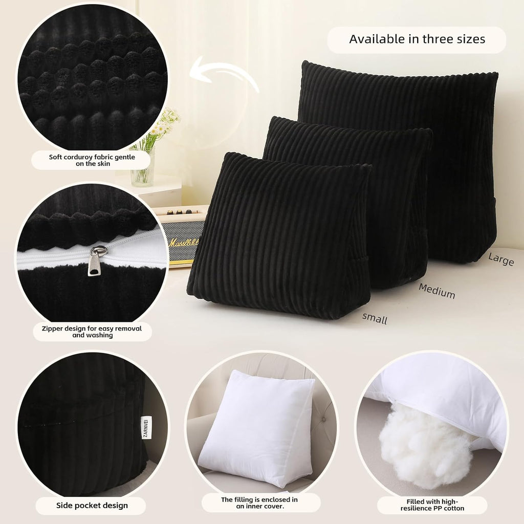Corduroy Wedge Reading Pillow for Bed, 3 Sizes, 4 Colors for Bed, Sofa, Office Chair (Black, Small 16 * 14 * 7in)