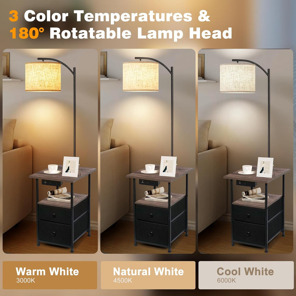 PESRAE Floor Lamp with Table & 2 Drawers, End Table with 3 Color Temperature Reading Light, Side Table Lamp with USB & Type C & AC…