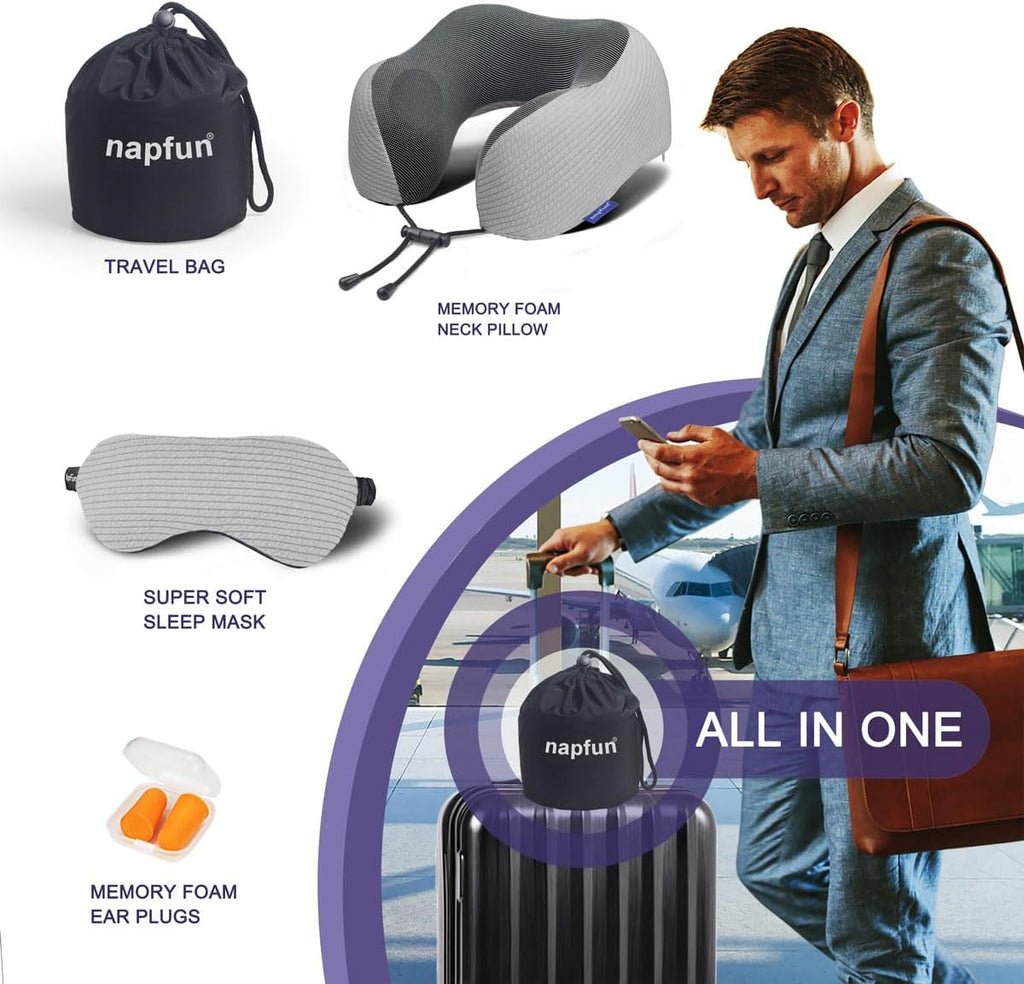 napfun Neck Pillow for Travel with Travel Pouch, Sleep Mask & Earplugs, Memory Foam Airplane Pillow for Headrest Sleep with Eyeshades…