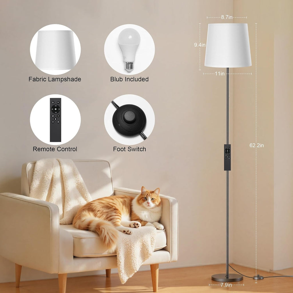 Sibrille Floor Lamp with White Shade, 62" Dimmable LED Standing Lamp with Remote, 9W E26 Bulb Included, 3000-6000K, Modern Floor Reading Li…