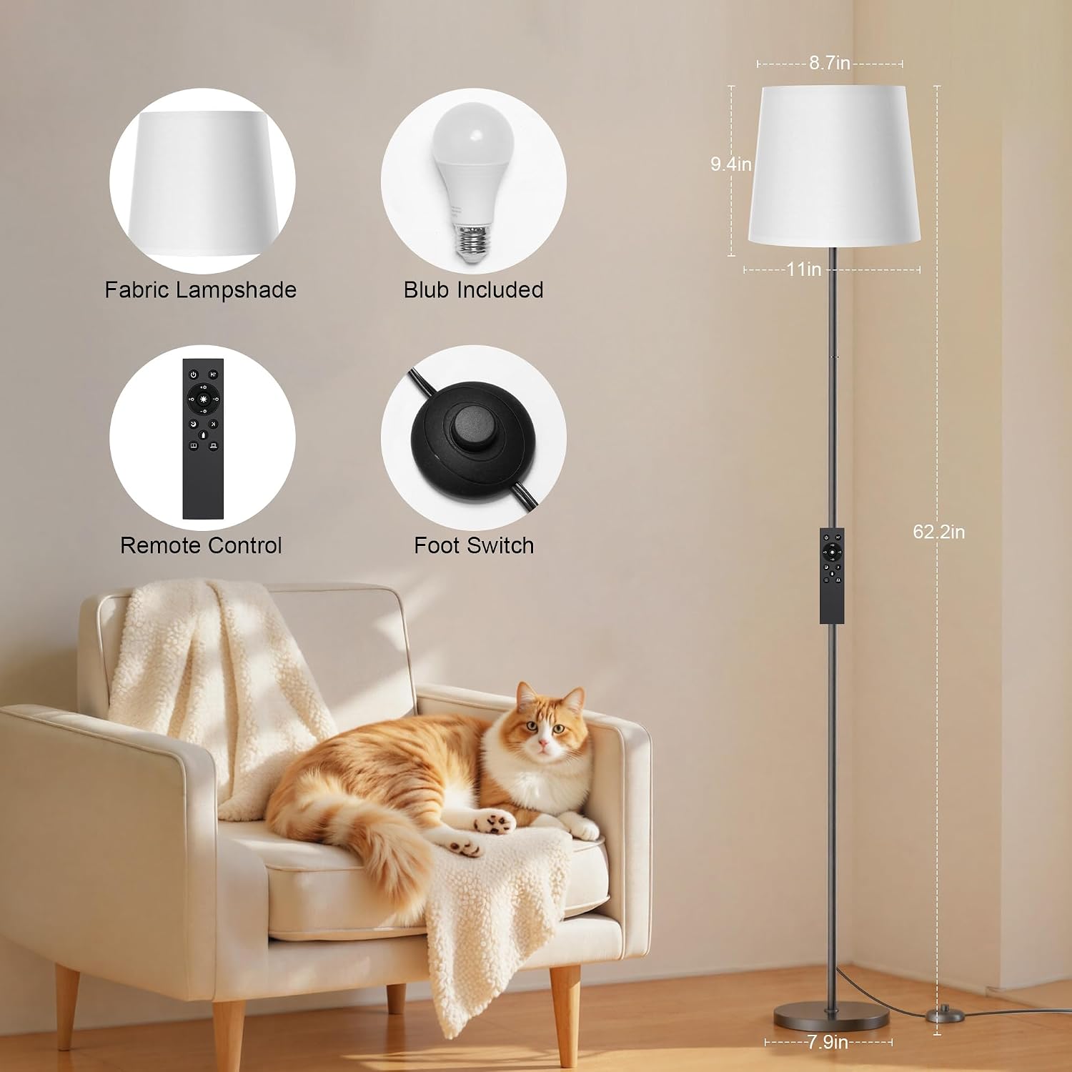 Sibrille Floor Lamp with White Shade, 62" Dimmable LED Standing Lamp with Remote, 9W E26 Bulb Included, 3000-6000K, Modern Floor Reading Li…