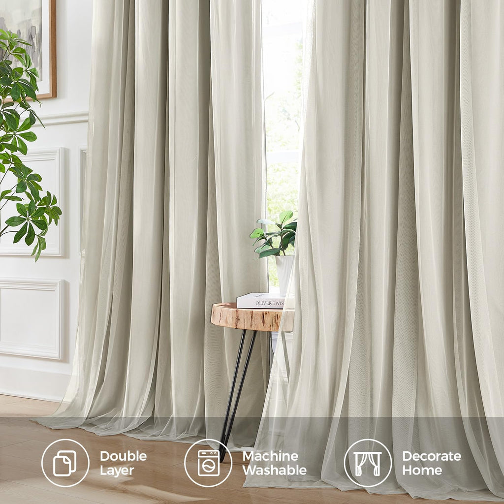 Swandream 100% Blackout Curtains for Bedroom, Double Layer Ivory Curtains, Black Out Curtain 108 inch long With Sheer Overlay for Living Ro…