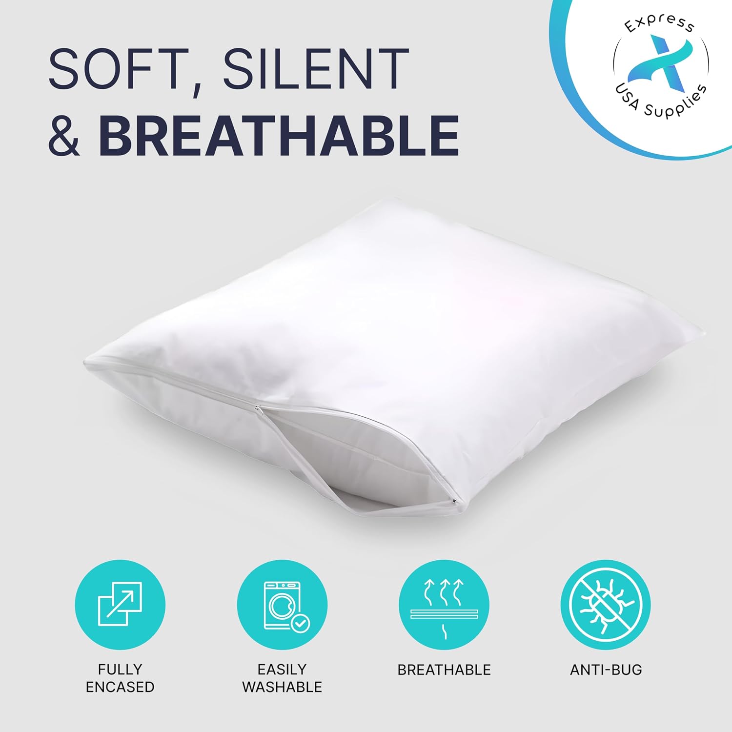 ExpressUSASupplies Set of 2 Standard/Queen Waterproof Pillow Protectors - Temperature Balancing, Allergist Recommended - Breathable, Zipper…