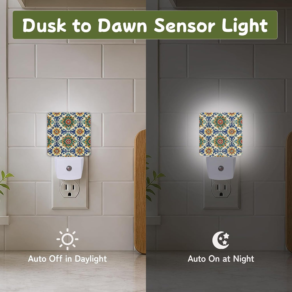 Mediterranean Floral Tile Night Lights Plug into Wall, Night Light with Dusk to Dawn Sensor for Bedroom Bathroom Kitchen Hallway Stairs…