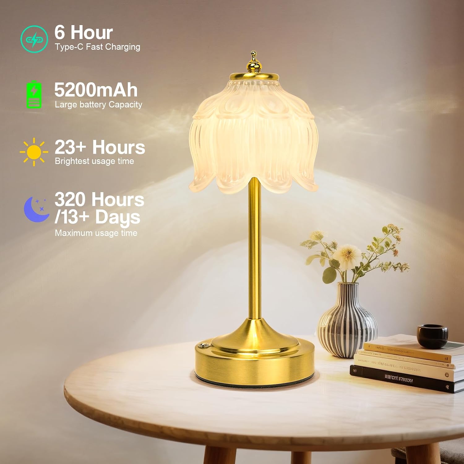 Cordless Lotus Flower Table Lamp, 5200mAh Rechargeable Battery Operated Portable Lamp, 3-Color Dimmable Touch Control Small Desk Lamp for…