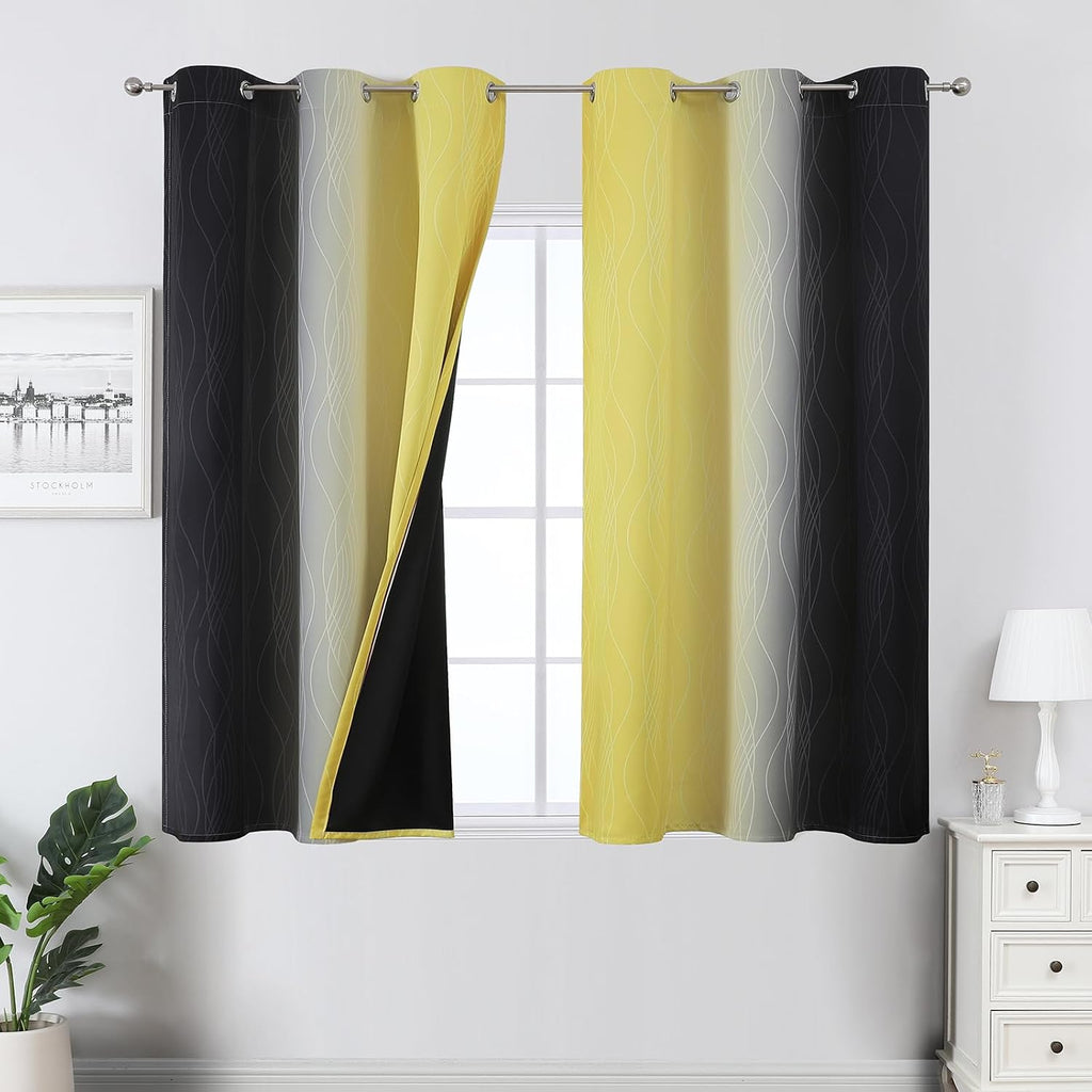Estelartextiler Estelar Textiler Yellow and Black Ombre Blackout Curtains 54 Inch Length, Full Room Darkening Gradient Drapes for Kitchen,…