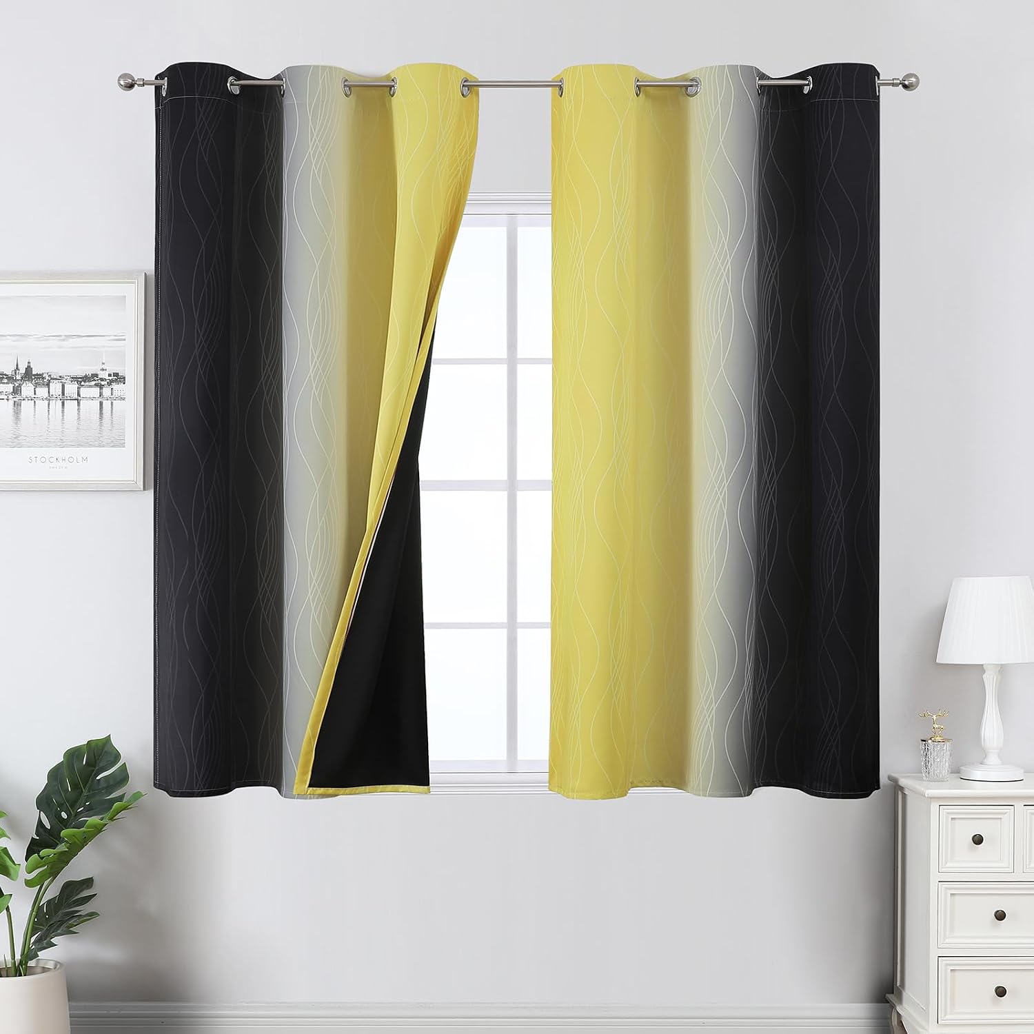 Estelartextiler Estelar Textiler Yellow and Black Ombre Blackout Curtains 54 Inch Length, Full Room Darkening Gradient Drapes for Kitchen,…