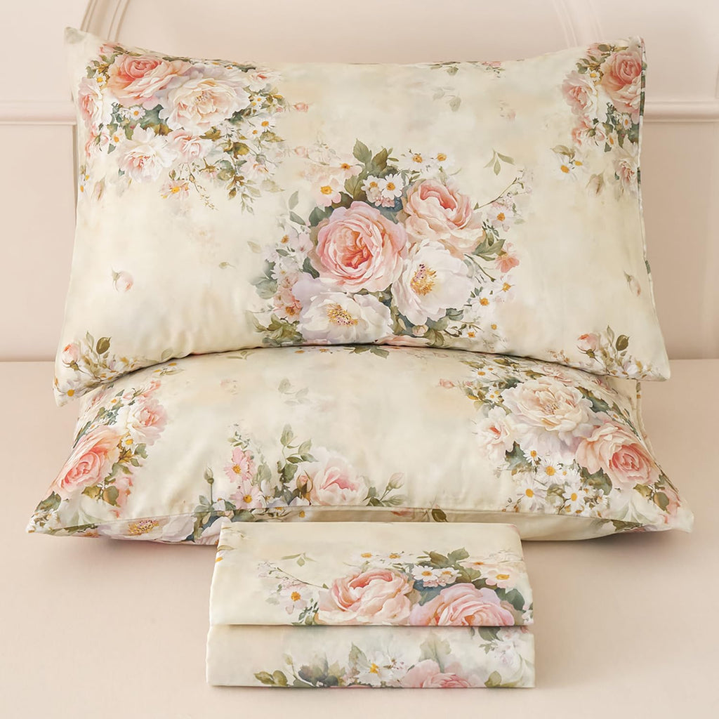 Softtouchsweetdreams Callifornia King Silky Floral Bed Sheets Cream 100% Cotton Blush Pink Rose Printed Sheet Set, Satin Weave Cooling Shee…