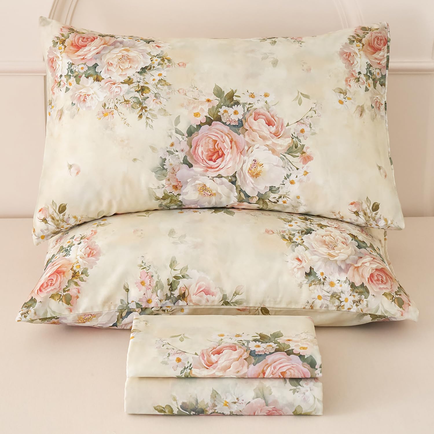 Softtouchsweetdreams Silky Floral Bed Sheets Queen Size Cream 100% Cotton Blush Pink Rose Printed Sheet Set, Satin Weave Cooling Sheets for…