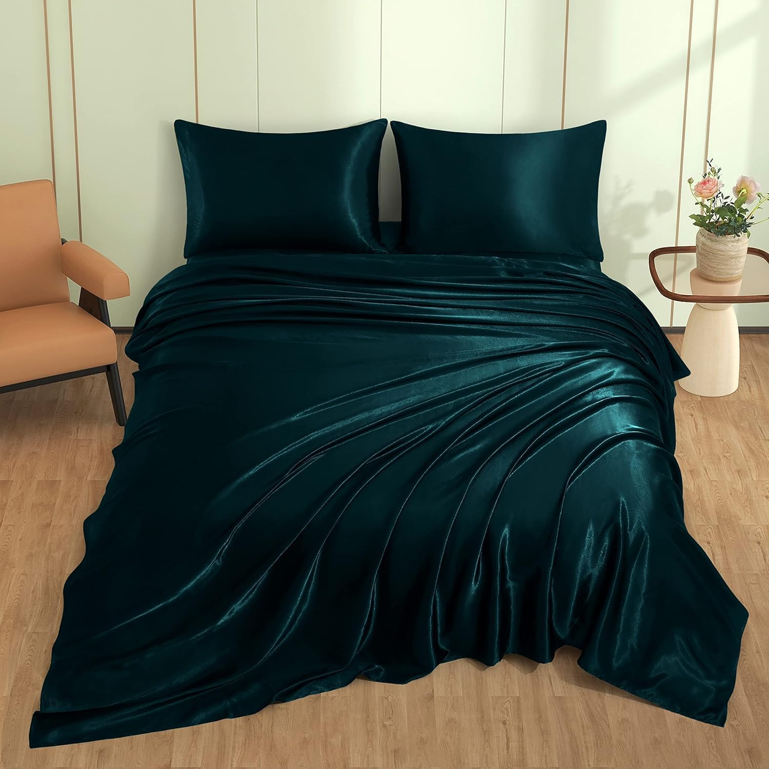 VACVELT 3pcs Dark Teal Satin Sheets Twin XL Size Bed Set, 15 Inch Deep Pocket Silky Satin Sheet Set, Soft Satin Bedding Set Cooling &…