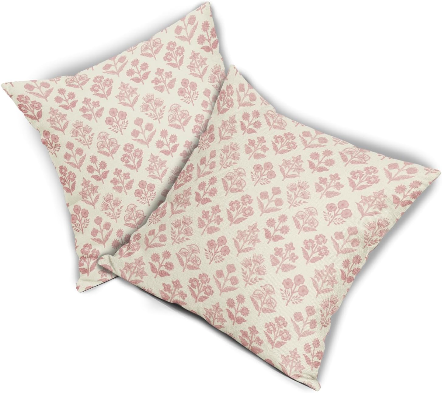 Pink Floral Block Print Pillow Covers 20x20 Inch Set of 2, Vintage Flower Decorative Throw Pillowcases for Home, Bedroom, Living Room…