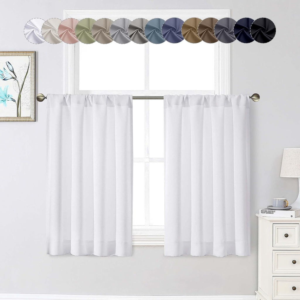 WelvetBLK White Kitchen Curtains 36 Inch Length 2 Panels Set, Soft Solid Light Filtering Thermal Insulated Small Window Cafe Curtains for B…