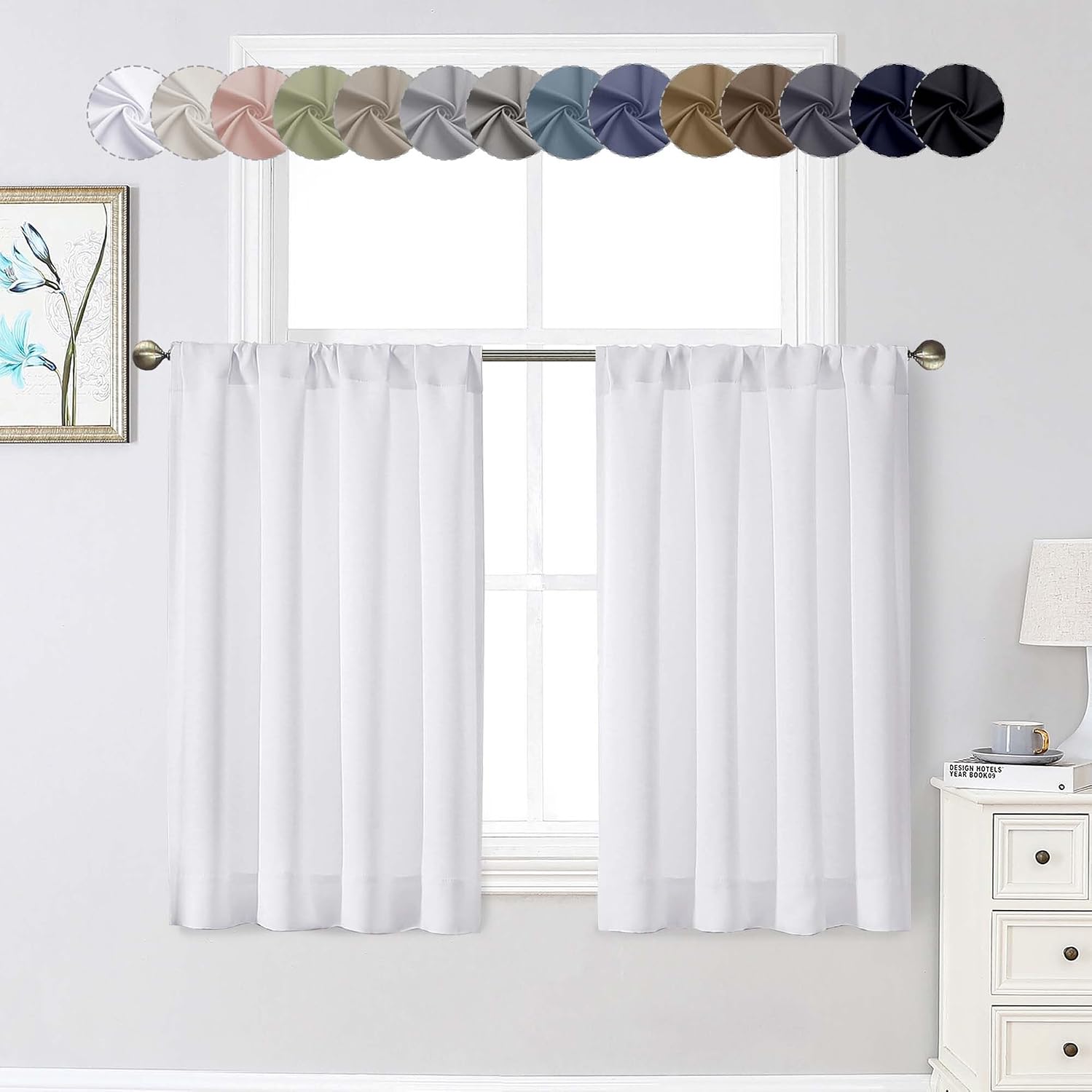 WelvetBLK White Kitchen Curtains 36 Inch Length 2 Panels Set, Soft Solid Light Filtering Thermal Insulated Small Window Cafe Curtains for B…