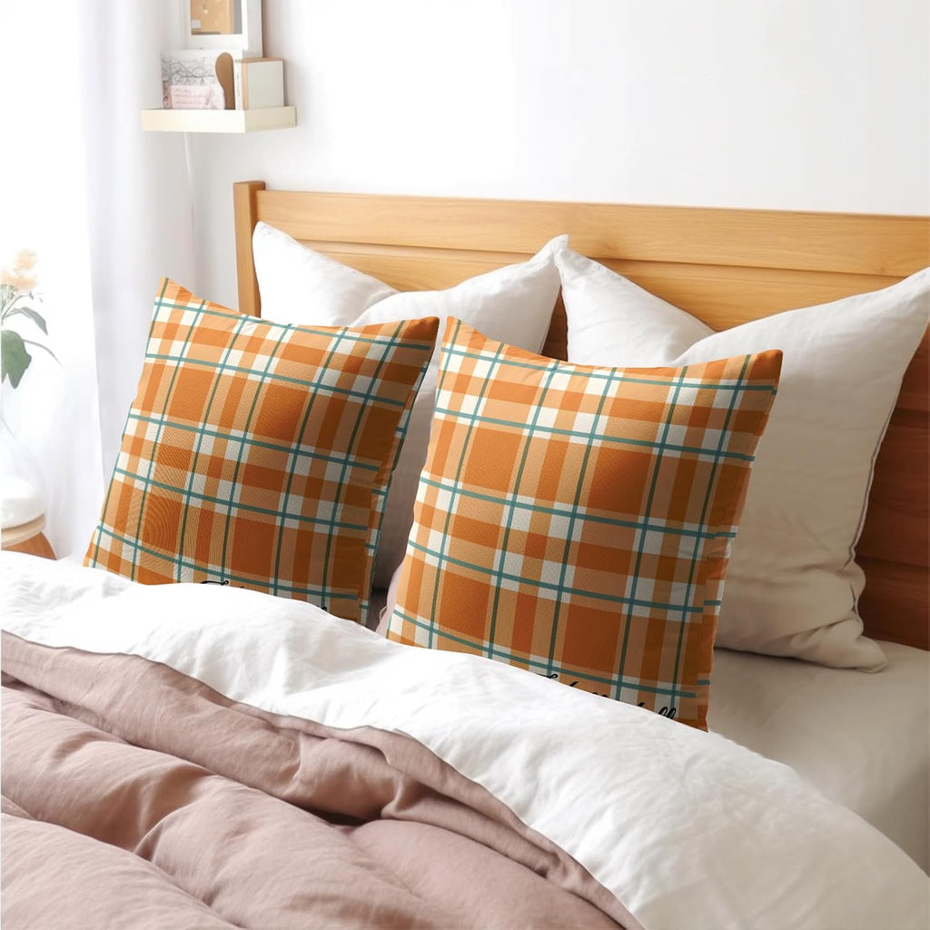 Orange Stripe Fall Throw Pillow Cover 16x16 Inch Set of 2 Hello Fall Stripes Buffalo Plaid Decorative Pillow Protector Pumpkin Autumn…
