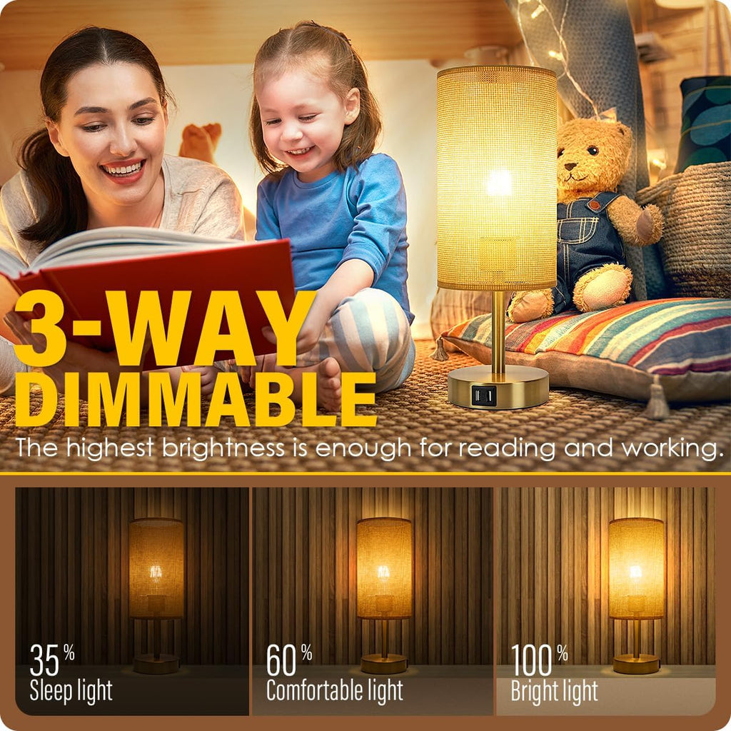 Yarra-Decor Bedside Lamp with USB Port - Touch Control Table Lamp for Bedroom Wood 3 Way Dimmable Nightstand Lamp with Round Flaxen…