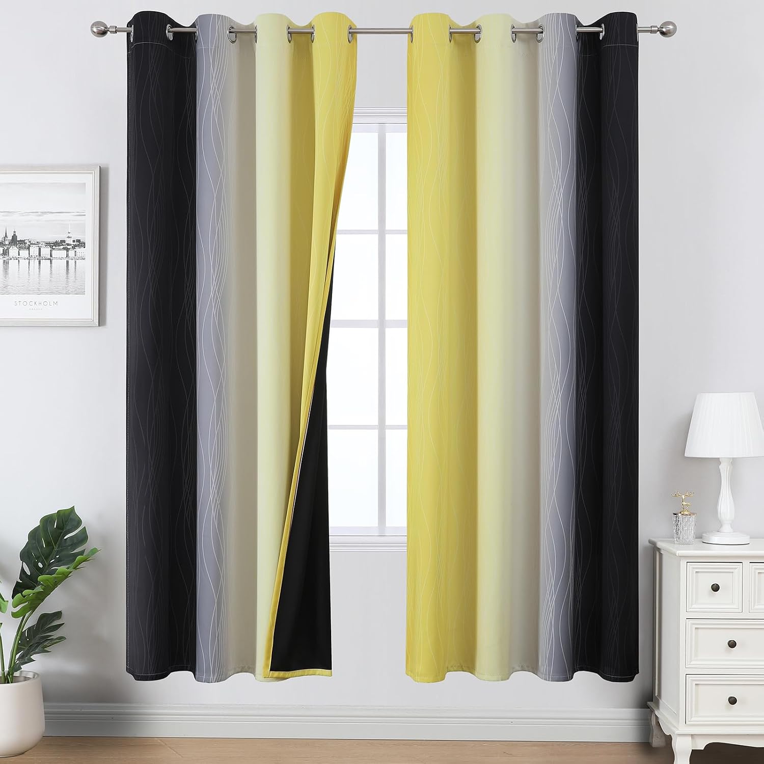 Estelartextiler Estelar Textiler Black and Yellow Blackout Curtains for Living Room, Full Room Darkening Grommet Ombre Curtains for Bedroom…