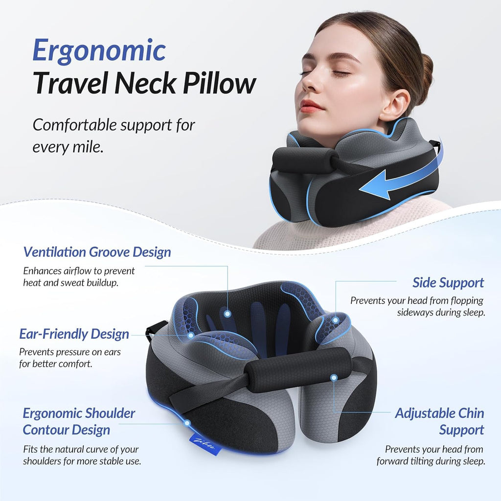 ZIKEE Ergonomic Travel Neck Pillow for Airplane, Dual-Hold Design to Stabilize Head and Neck on Flights, Ear-Free Memory Foam Airplane…