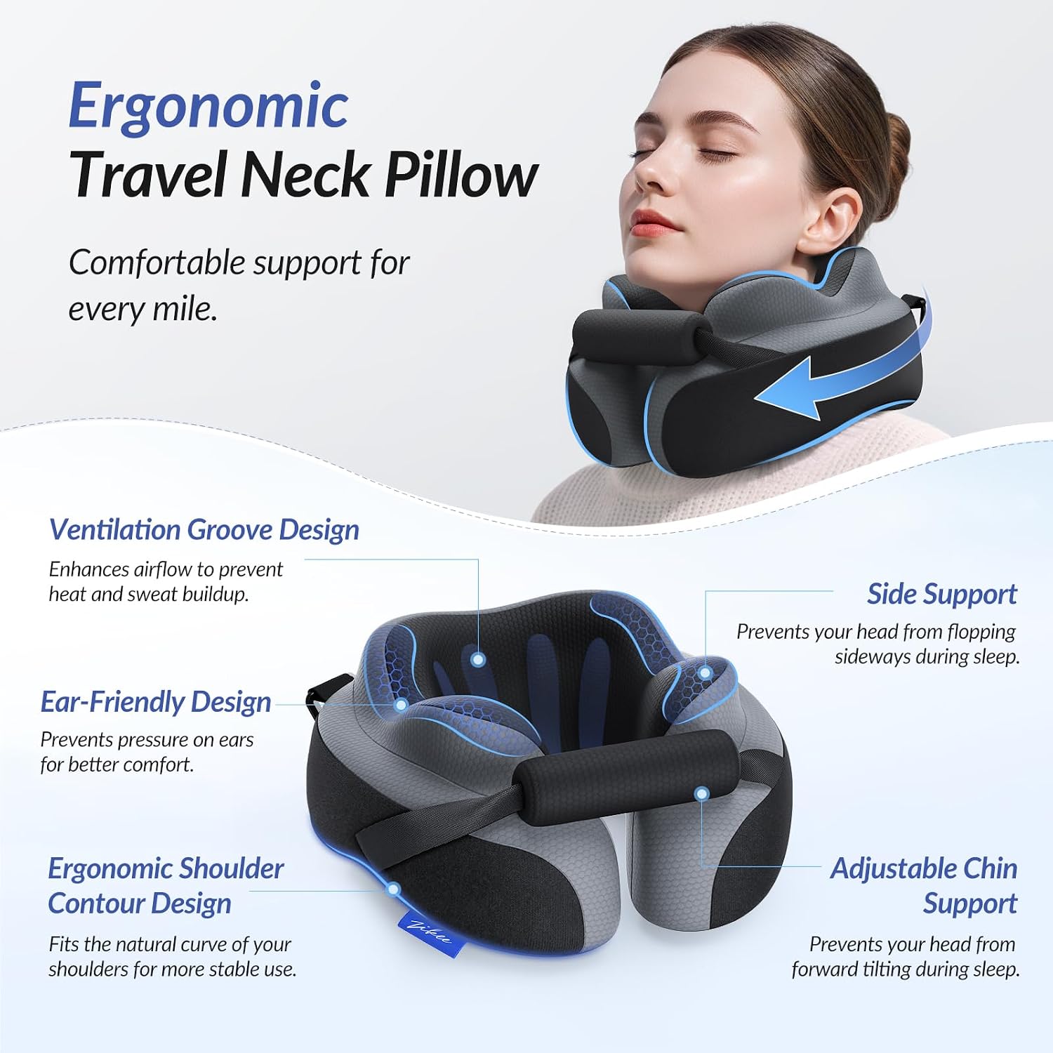 ZIKEE Ergonomic Travel Neck Pillow for Airplane, Dual-Hold Design to Stabilize Head and Neck on Flights, Ear-Free Memory Foam Airplane…