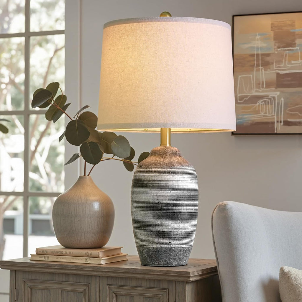 USumkky 24.5" Vintage Ceramic Table Lamp with 5FT Cord, Single Farmhouse Rustic Bedside Lamp with Natural Textured Finish, Nightstand…