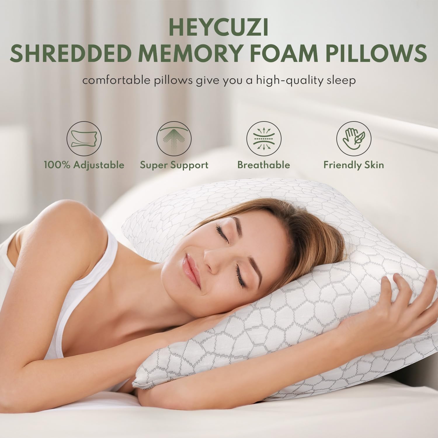 Heycuzi Pillows Queen Size Set of 2 - Cooling Shredded Memory Foam Pillow for Sleeping 2 Pack, Adjustable Cool Bed Pillows for Side, Back,…