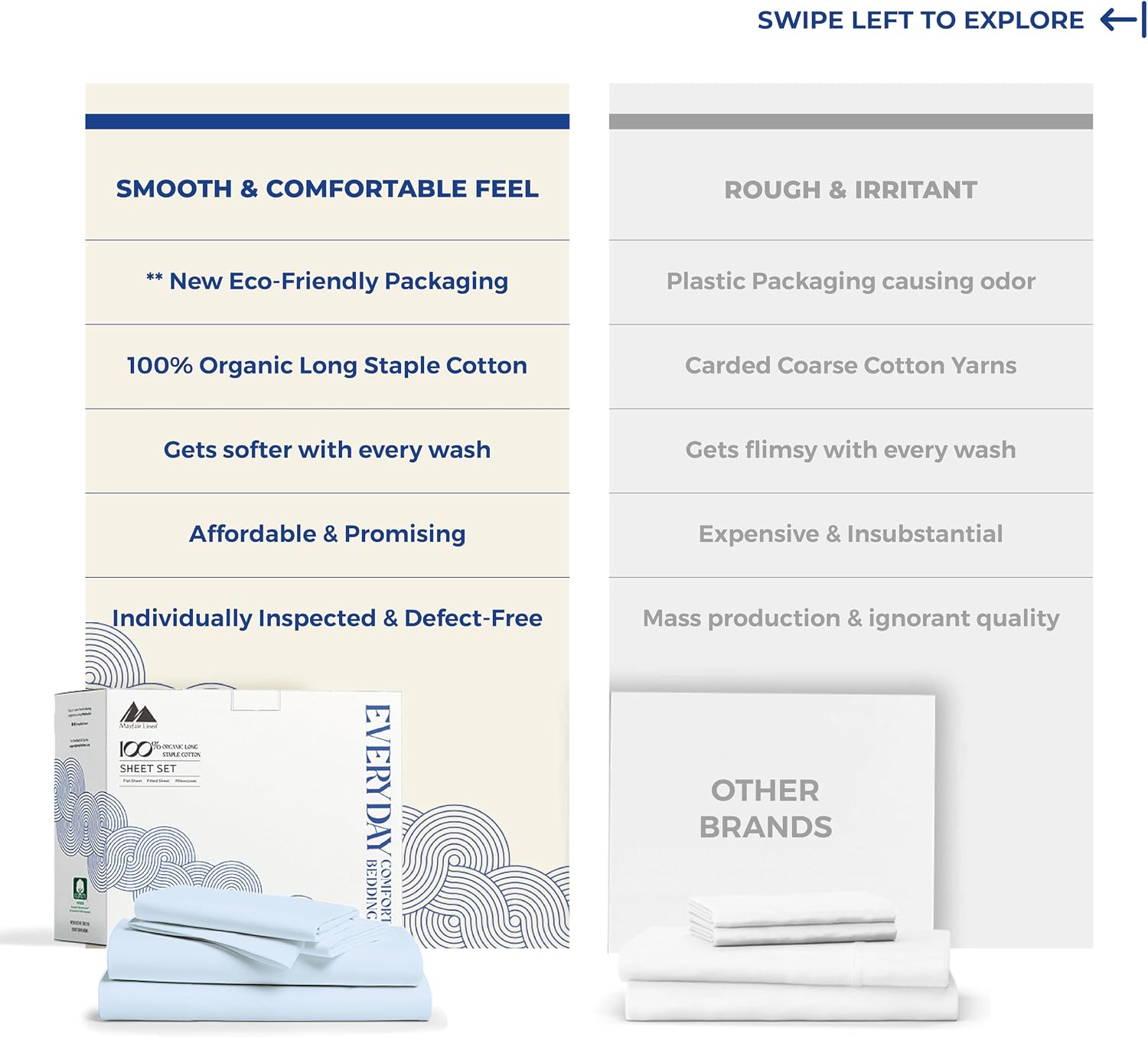 Mayfair Linen 100% Organic Cotton Sheets King Size - 4 PC Organic Cotton King Percale Size Weave Sheet Set, Soft, Cooling, Crisp &…