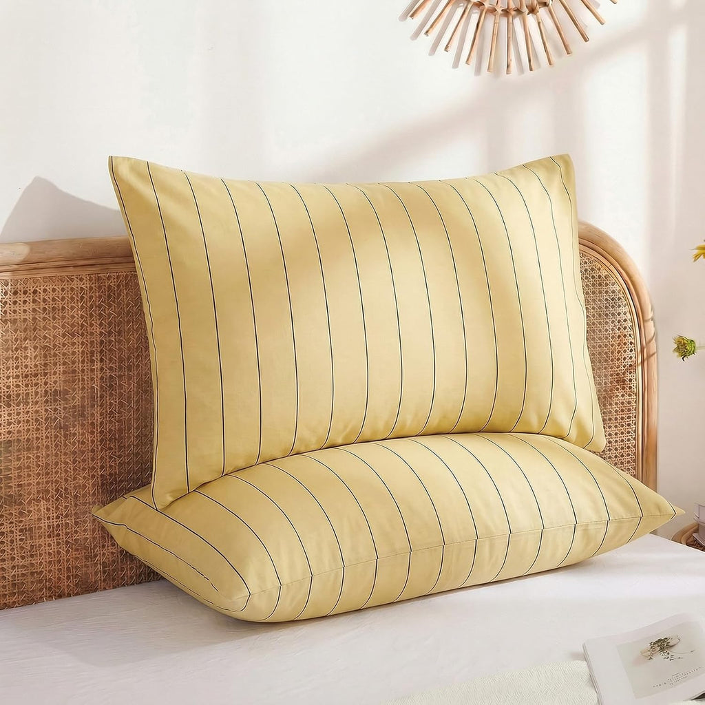 Merryword Yellow Striped Pillowcases, 100% Cotton Pillow Cases, Queen Size Pillowcases, Luxury Linen Like Pillowcase, Soft Breathable Pinst…