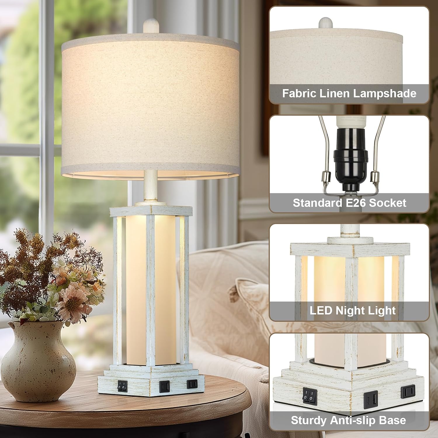 Cinkeda 27" Tall Vintage Table Lamp Set of 2 with USB C+A & Outlet, Nightstand Lamp for Living Room, Bedside Lamps with Frosted Glass Night…