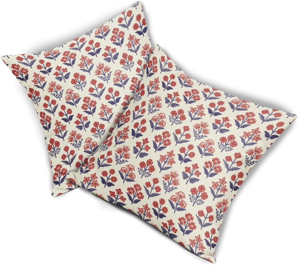 4th of July Patriotic Floral Block Print Pillow Covers 22x22 Inch Set of 2, Navy Blue Red Vintage Flower Decorative Throw Pillowcases…