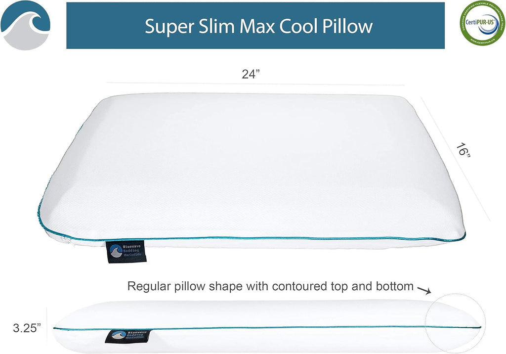 BluewaveBedding Bluewave Bedding Super Max Cool CarbonBlue Gel Memory Foam Pillow for Stomach and Back Sleepers - Thin, Flat Design wi…