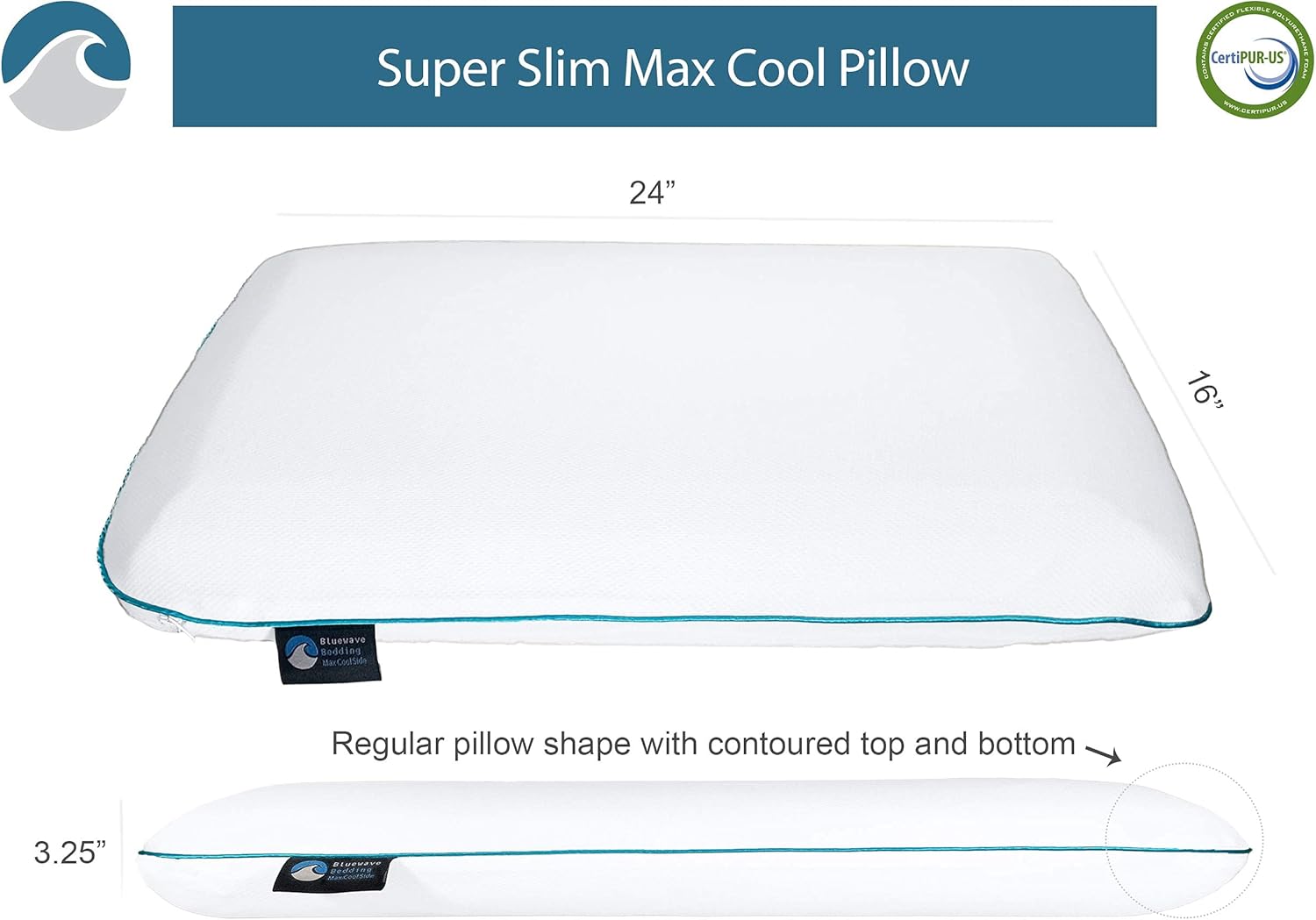 BluewaveBedding Bluewave Bedding Super Max Cool CarbonBlue Gel Memory Foam Pillow for Stomach and Back Sleepers - Thin, Flat Design wi…