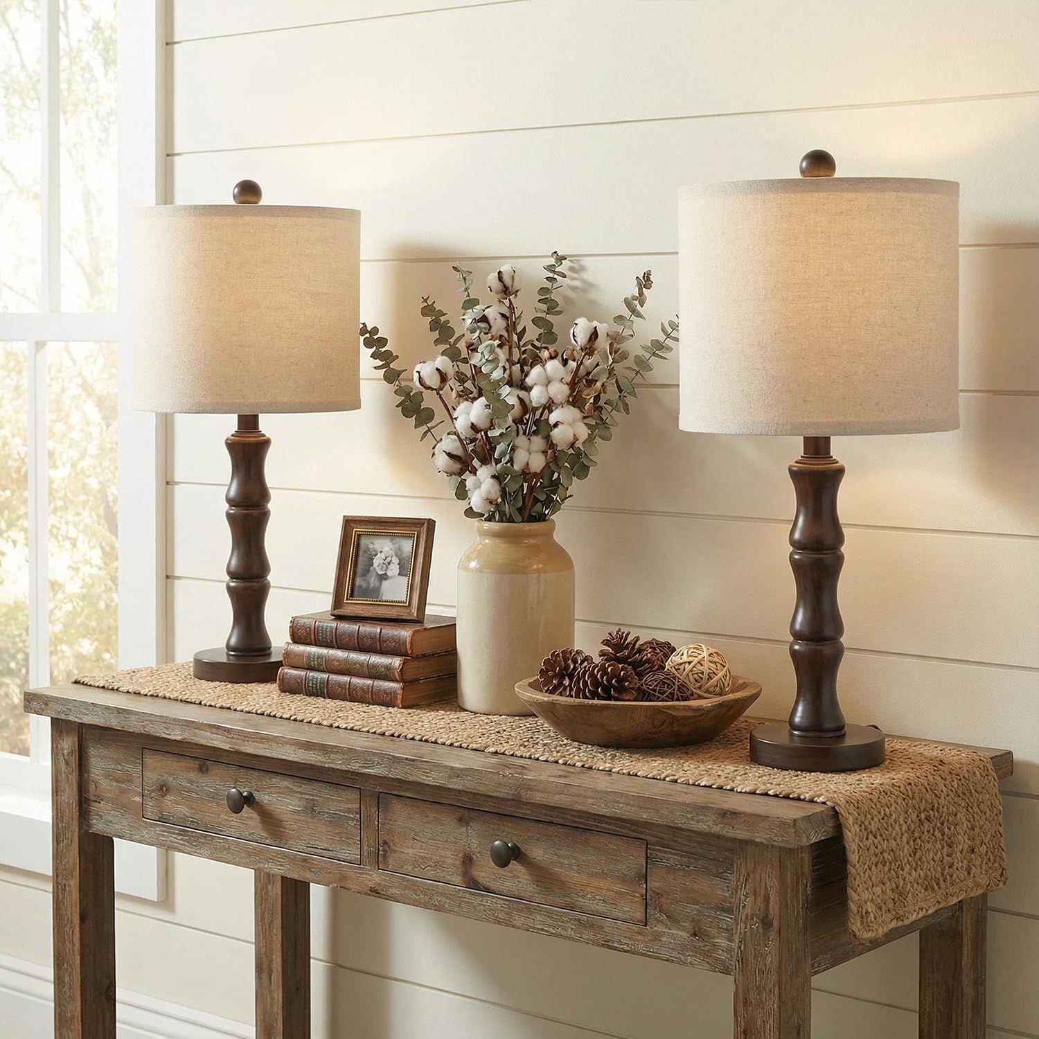 BOBOMOMO 20.5" Classic Table Lamps Set of 2, Farmhouse Nightstand Lamps with Dark Wood Grain Resin Base & Linen Shade, Small Bedside…
