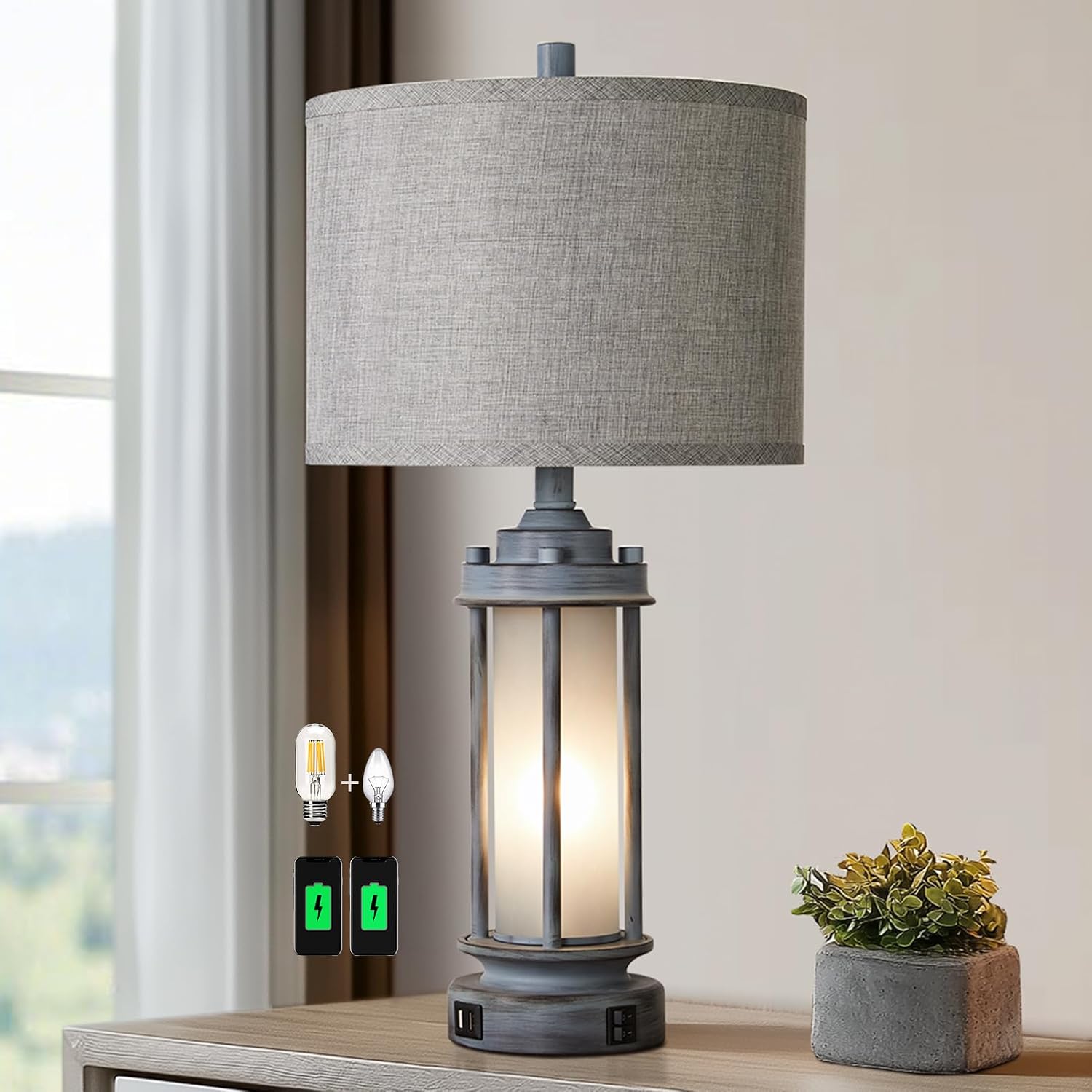 Aieampdo Rustic Table Lamp for Bedroom Living Room with 2 USB Ports, Farmhouse Vintage Nightstand Lamp 25'' with Light Green Glass Nightlig…