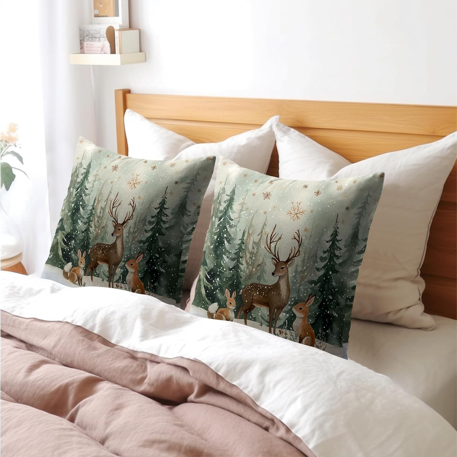 Xmas Reindeer Throw Pillow Cover 18x18 Inch Set of 2 Winter Trees Snowflake Holiday Animals Pillowcase Christma Deer Farmhouse Cushion…