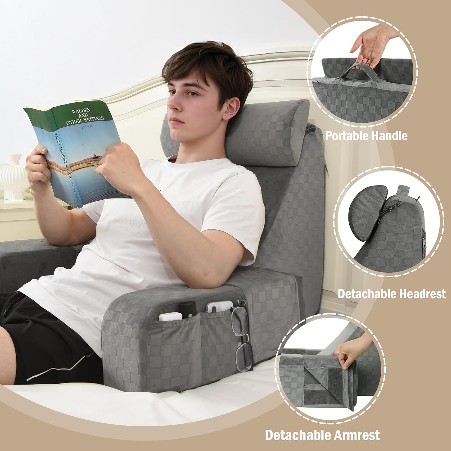 Vekkia 21" Reading Pillow with Arms and Headrest – Tall Back Support Cushion for Adults, Multi-Density Foam, Removable Cover & XL Side…