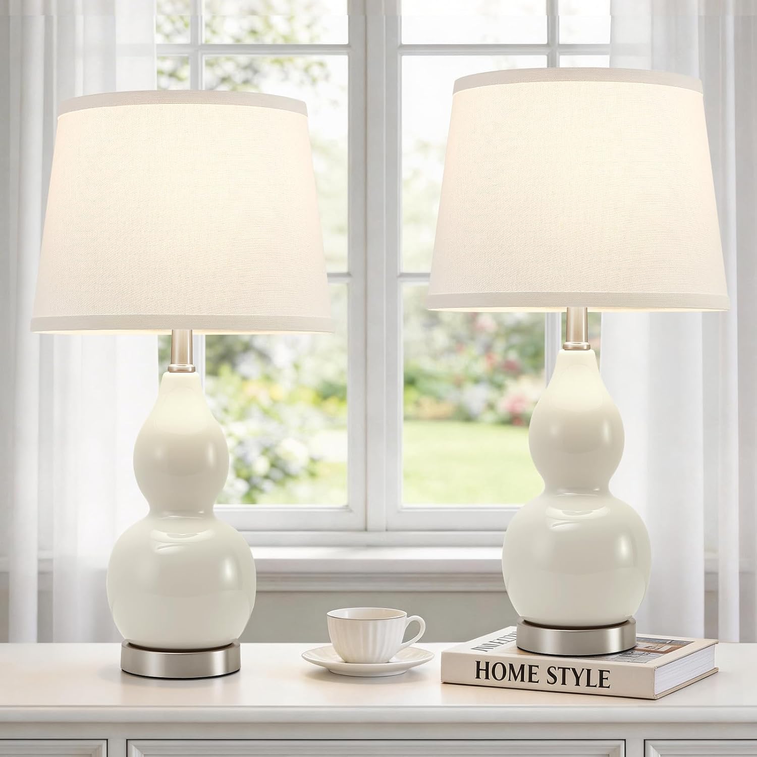 WelcomeGyroVu GyroVu 22" Table Lamp Set of 2, Color Temperature Adjustable Double Gourd Ceramic Lamps Classic Nightstand Table Lamps for Be…